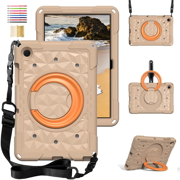 Case for Samsung Galaxy Tab A11 8.7" 2025 / A9 8.7" 2023, EVA Heavy Duty Cover with 360 Rotating Ring Stand Grip Holder Shoulder Strap Rugged Shockproof Case, Khaki Orange