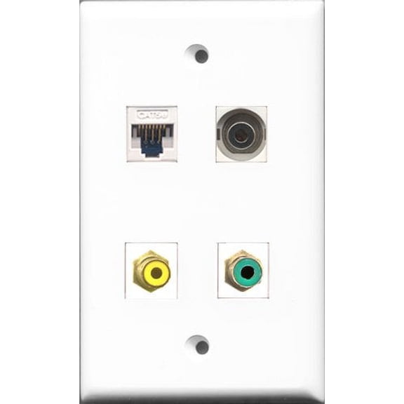 RiteAV - 1 Port RCA Yellow and 1 Port RCA Green and 1 Port 3.5mm and 1 Port Cat5e Ethernet White Wall Plate