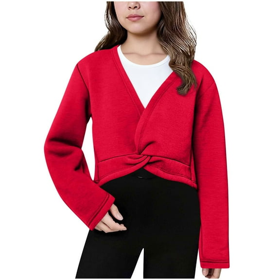 Kids Girls Dance Wrap Ballet Top Long Sleeve Fleece Cardigan Shrug Front Knot Wrap Top Dance Dress Cover Up