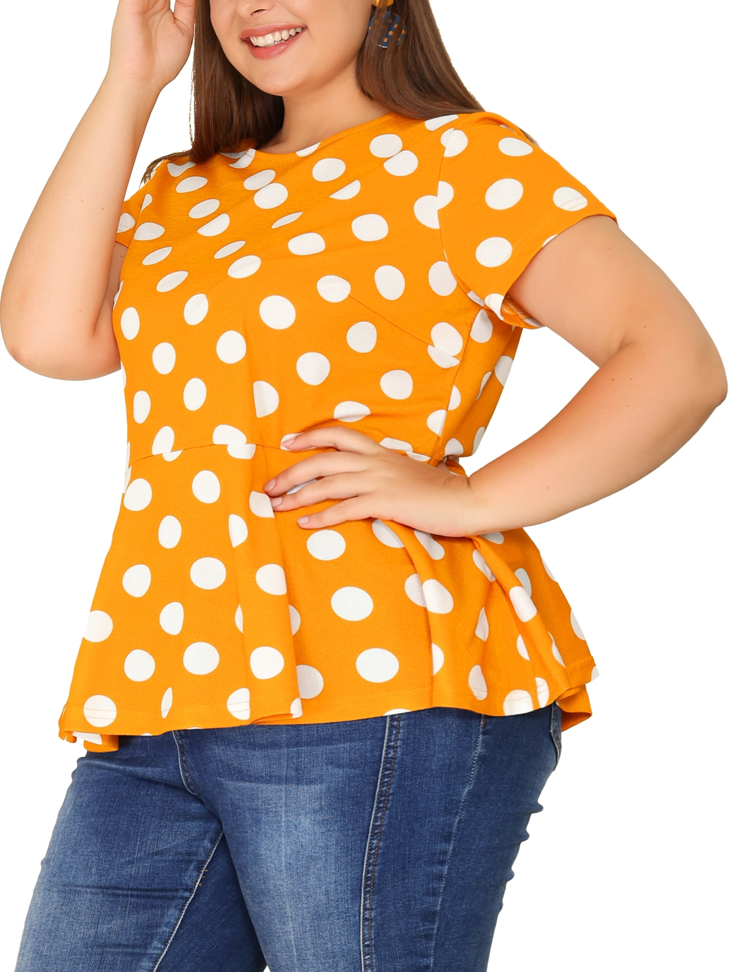 Unique Bargains Women's Plus Size Short Sleeves Polka Dots Outfits Fashion Peplum Blouse