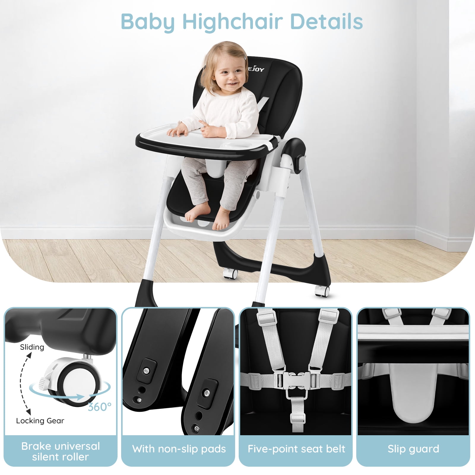 Sejoy 4 Wheels Baby High Chair for Toddlers, Foldable High Chair with Adjustable Seat Heigh, Black