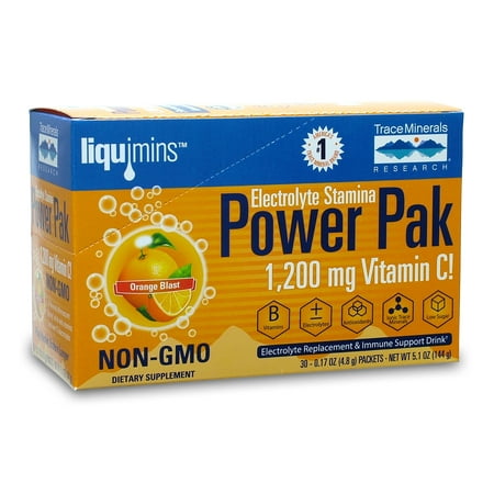 Power Gel Blasts - Trace Minerals Research Electrolyte Stamina Power Pak, 1200mg Vitamin C Packets, Orange Blast, 32 ea