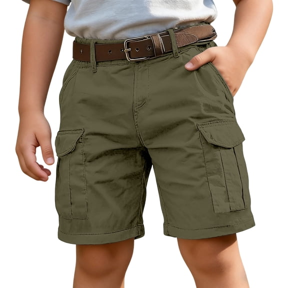 Kids Boys Solid Color Cargo Shorts Knee Length Multiple Pockets Casual Style Stylish Bottoms for Summer Outdoor Activities Army Green 5 Years-6 Years