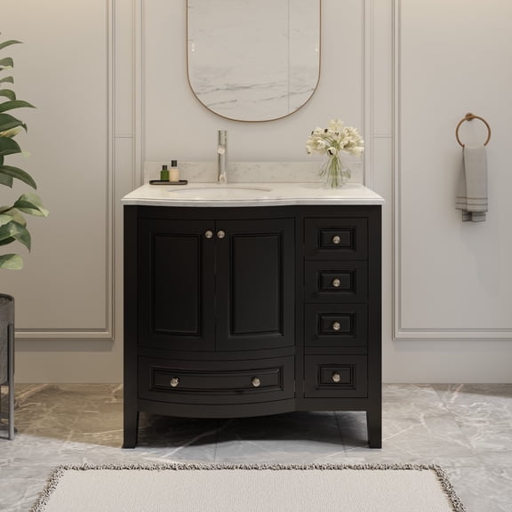 36" Fully Assembled Single Bathroom Vanity with Engineered Stone Top, Ceramic Sink, Hand Paint