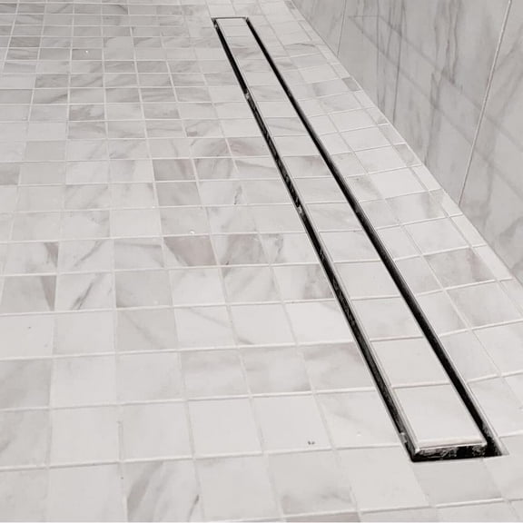 Novalinea - 40 Inch Linear Shower Drain with Tile Insert Grate, Includes Hair Strainer and Leveling Feet, 2 Inch Center Outlet, 304 Stainless Steel