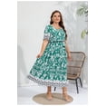 thumbnail image 2 of AURA Plus Size Retro Geometric Maxi Dress V Neck Short Sleeve Elastic Waist Pleated Long Dress with Side Slit for Spring, 2 of 4