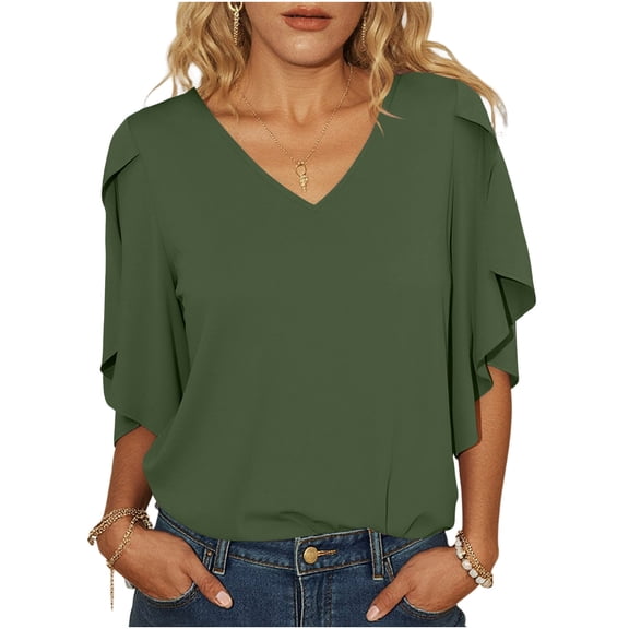 Sokhug Womens 3/4 Sleeve Butterfly Sleeve V Neck Blouse Loose Fit Chiffon Casual Flowy Solid Color Summer Shirts