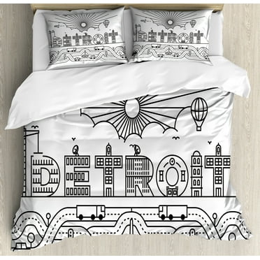 Detroit Duvet Cover Set Queen Size, Detroit City Typography with Building Letters Transportation and Air Balloon, Decorative 3 Piece Bedding Set with 2 Pillow Shams, Black and White, by Ambesonne