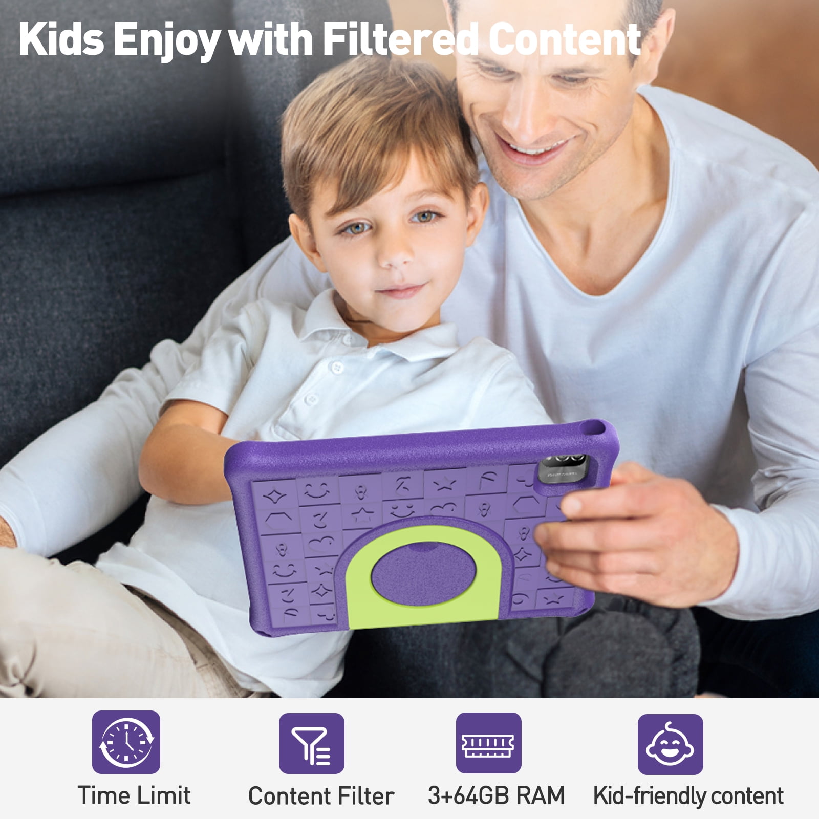 Android 14 Kids Tablet 10.1 inch with Case, 3GB, 64GB, IPS Touch Screen, Quad-Core,1280x800 | Wi-Fi6 | 6000mAh | Google Certified(Purple)