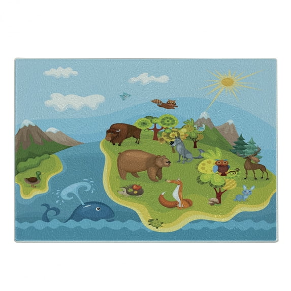 Animals Cutting Board, Planet Globe with Cheerful Animals of All Kinds Snowy Mountains and Sunny Blue Sky, Decorative Tempered Glass Cutting and Serving Board, Small Size, Multicolor, by Ambesonne