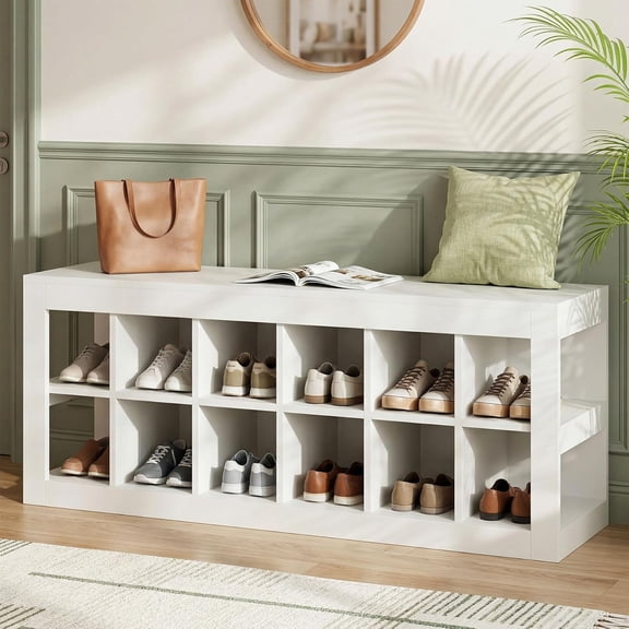 Tribesigns Shoe Storage Bench with Seat, 12-Cubby Shoe Organizer, Wooden Entryway Bench for Entryway, Bedroom, Hallway, White