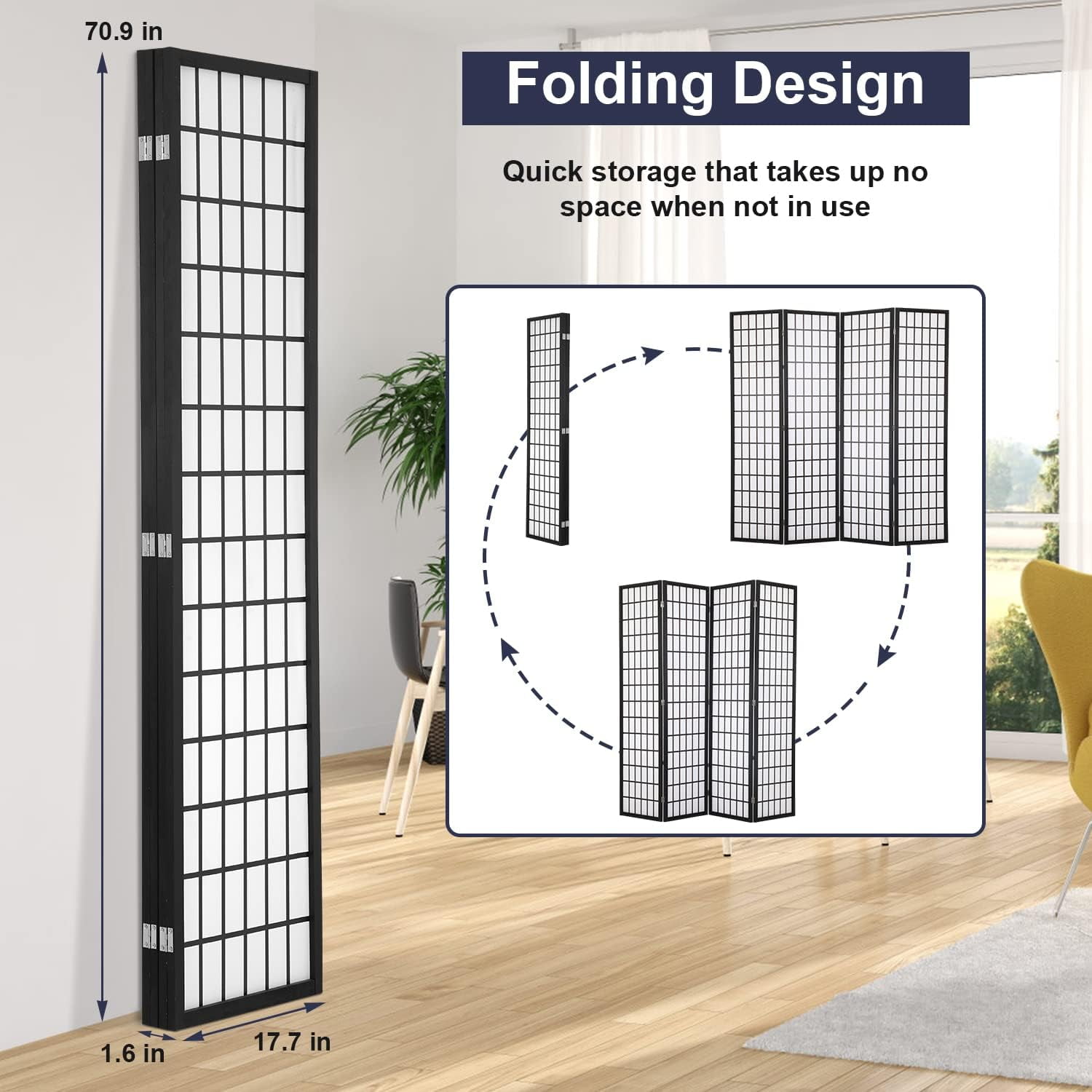 XF XINFENG 6 ft 4 Panel Room Divider, Folding Privacy Divider, Wooden Room Divider Screen, Portable Freestanding Wall Divider, Japanese-Inspired Screen for Home Office Restaurant Bedroom