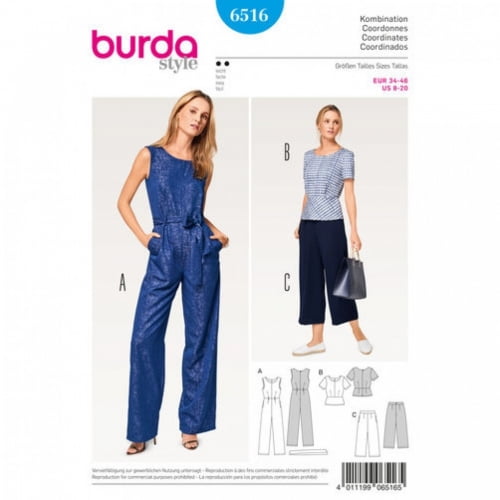 Burda Ladies Easy Sewing Pattern 6516 Top, Pants & Jumpsuit