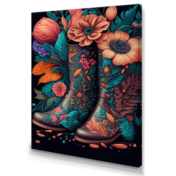 Designart Bright Floral Bouquet In Farm Boots I Canvas Wall Art