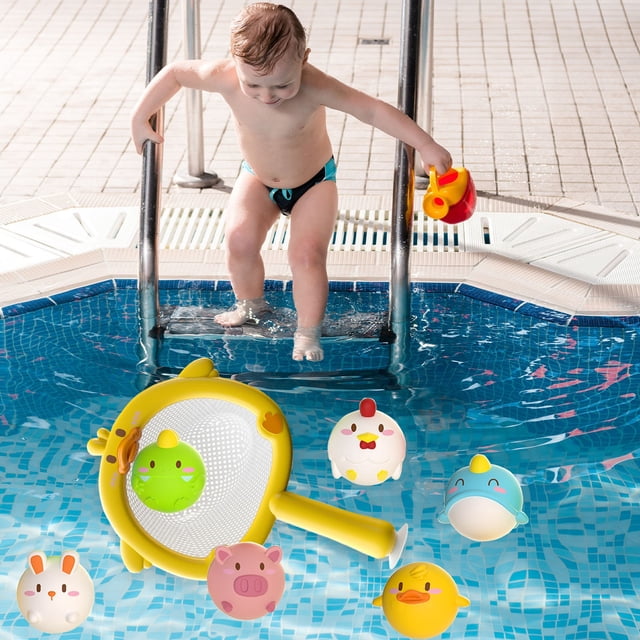 Juego de juguetes de red de baño | Activado por agua Light Up Patos Conejito de zanahoria Dinosaurio Cerdo Pez Pollo | Juego de captura portátil | Plástico resistente y seguro | Mejora la