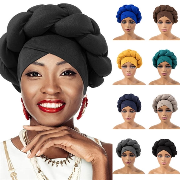 African Turban Hat for Women, Pre-tied Headwrap with Big Braid, Silky Soft Sleep Cap & Fashion Headscarf, Versatile Head Cover for Chemo, Pregnancy, Travel, and Beach-Black
