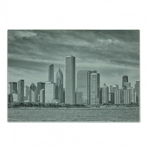 Chicago Skyline Cutting Board, Black and White Filtered Photo of Waterfront Cityscape on a Cloudy Day Print, Decorative Tempered Glass Cutting and Serving Board, Small Size, Grey, by Ambesonne