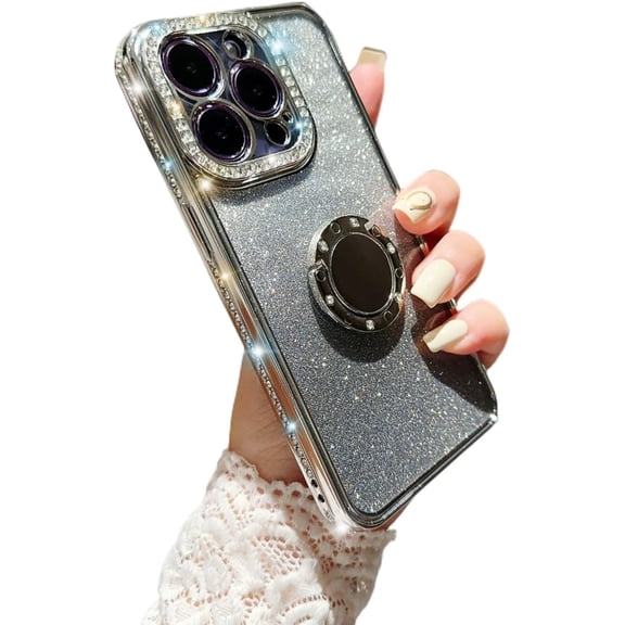 Glitter Gradient Popular TPU Phone Case for iPhone 15 Unique Stylish Finger Ring Stand Border Bling Diamonds