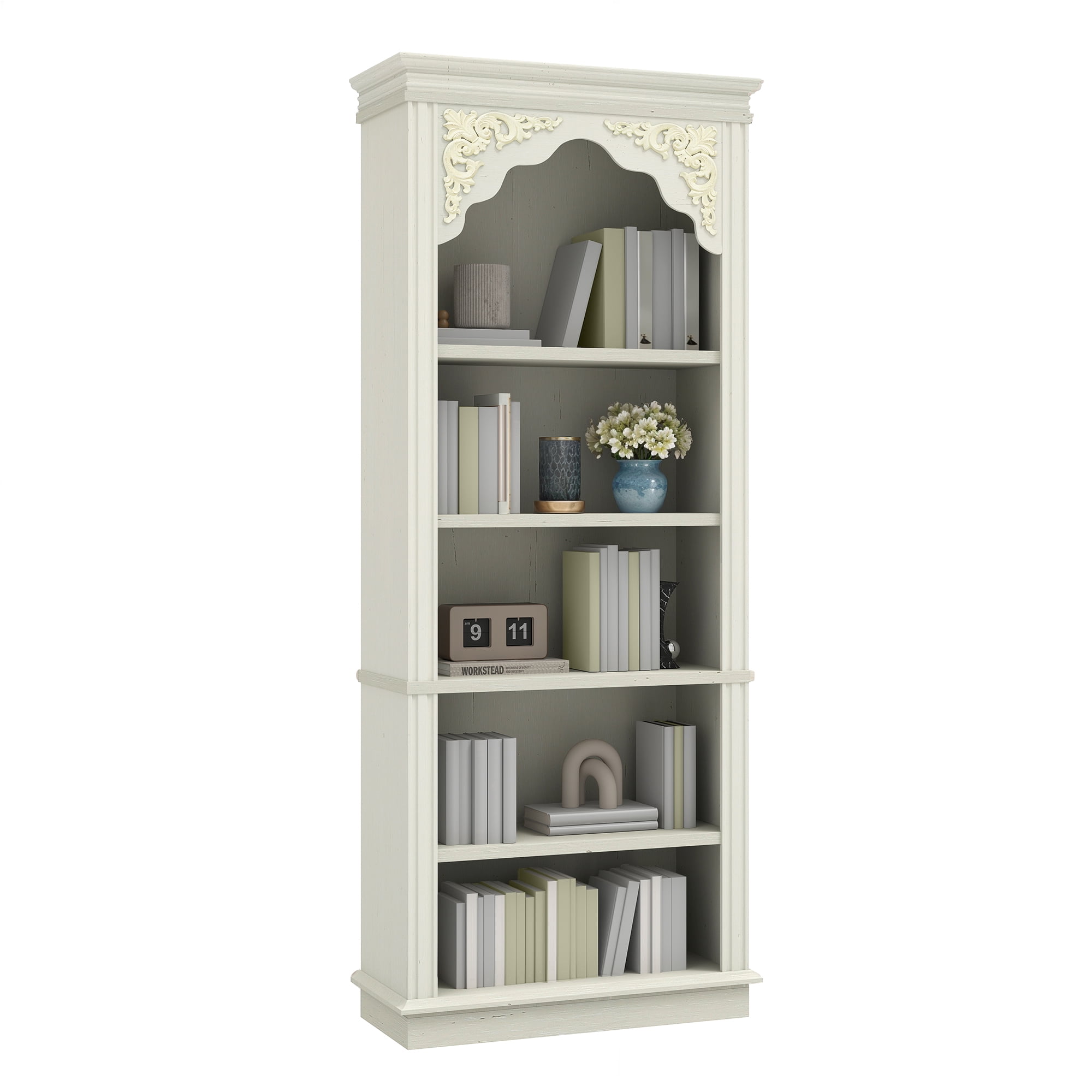 Uforic 5-Tier Bookcase, Vintage Arched Tall Bookshelf with Adjustable Shelves, White Open Display Rack, 23.6"