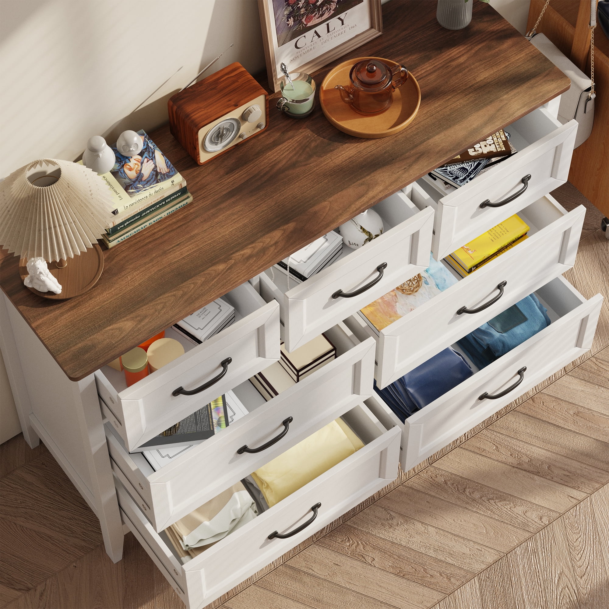 Aiho 7-Drawer Double Dresser - Modern Wood Chest with Anti-Tip Safety, Cutout Handles & Smooth Gliding Drawers, White