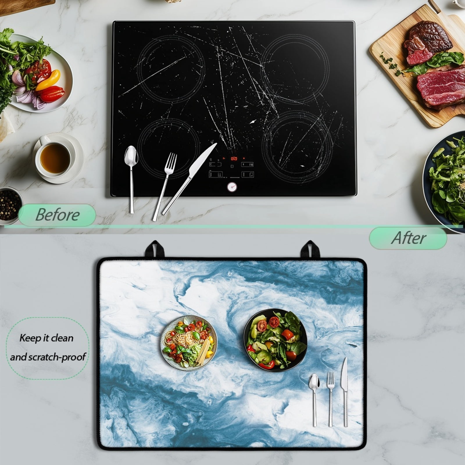 Renewold Electric Stove Cover Glass Stove Top Cover Heat Resistant Anti-slip Stovetop Protector Cover Cooktop Mat Extra Counter Space Extra Large, Blue White Marble