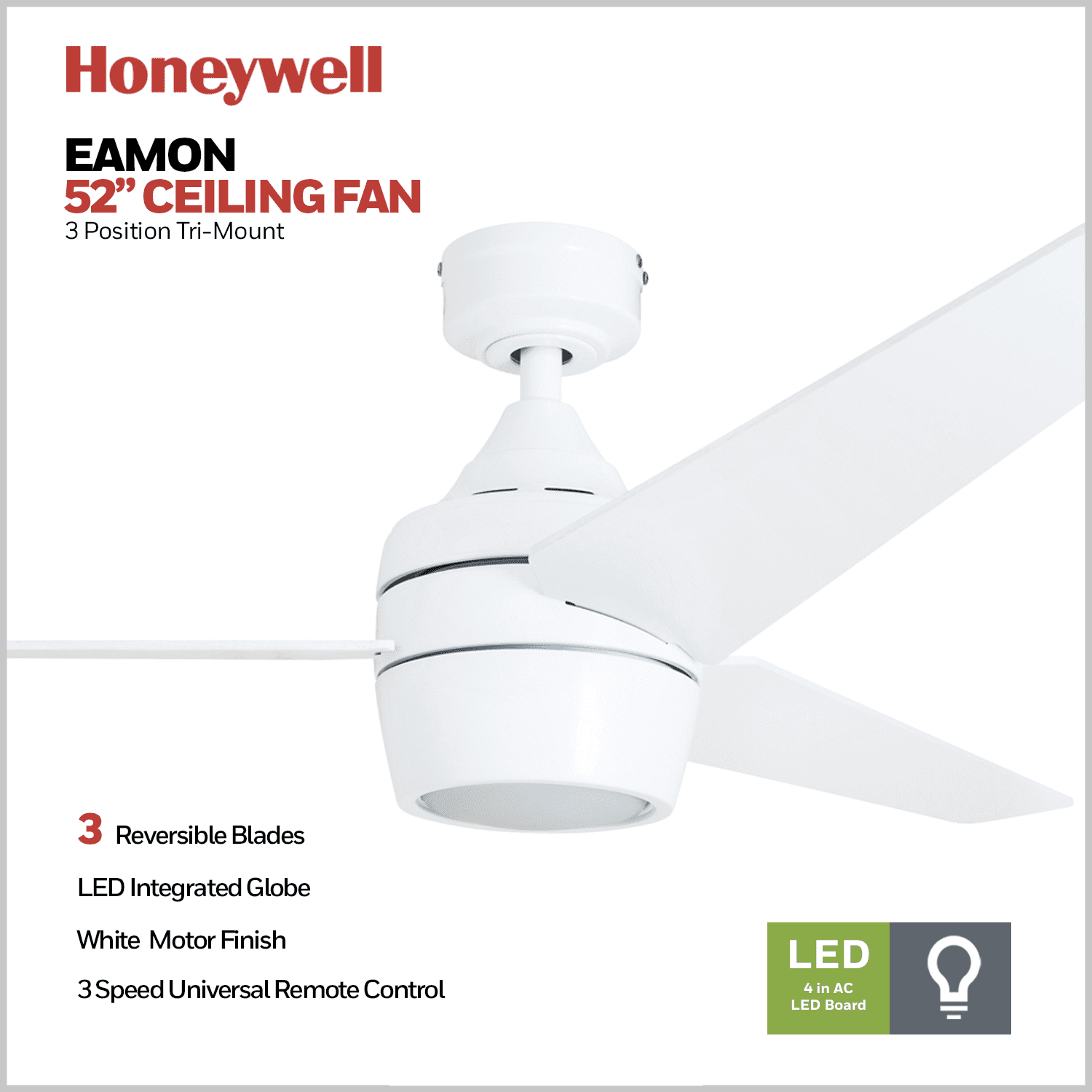 Honeywell Eamon 52" Modern Bright White Remote Control Ceiling Fan with Integrated LED Light, 3 Blade