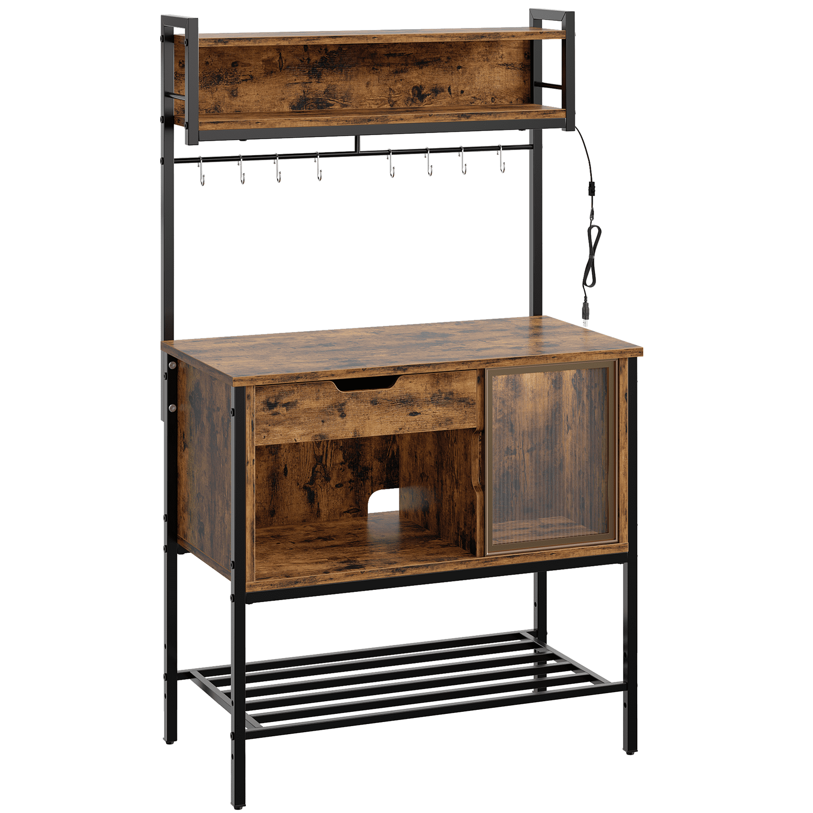 Besiter 60" Kitchen Baker's Rack with LED Light 6-Tier Microwave Stand with Storage Drawer Cabinet & 8 Hooks, Rustic