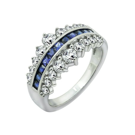 Gemour Platinum Plated Sterling Silver Princess Shaped Created Blue Sapphire and Swarovski Zirconia Pyramid Band Ring