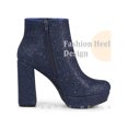 thumbnail image 3 of BLISSFUL STEP Women's Ankle Boots Sparkly Glitter Chunky Heel Platform Side Zipper Booties  Navy Blue 7, 3 of 6