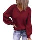 thumbnail image 1 of Suéter de Manga Larga para Mujer Casual Suelto Cuello en V Color Puro Mangas de Burbuja Jersey Suéter de Punto Top para Otoño Invierno Rojo XL, 1 of 6