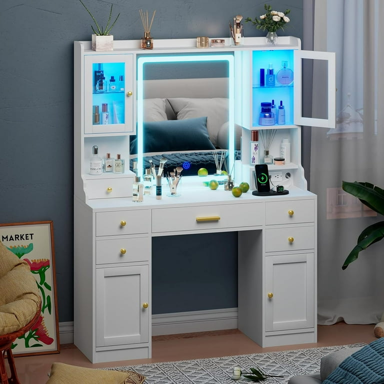 White Makeup Vanity Desk with Mirror, RGB Cabinets, 3 LED Modes