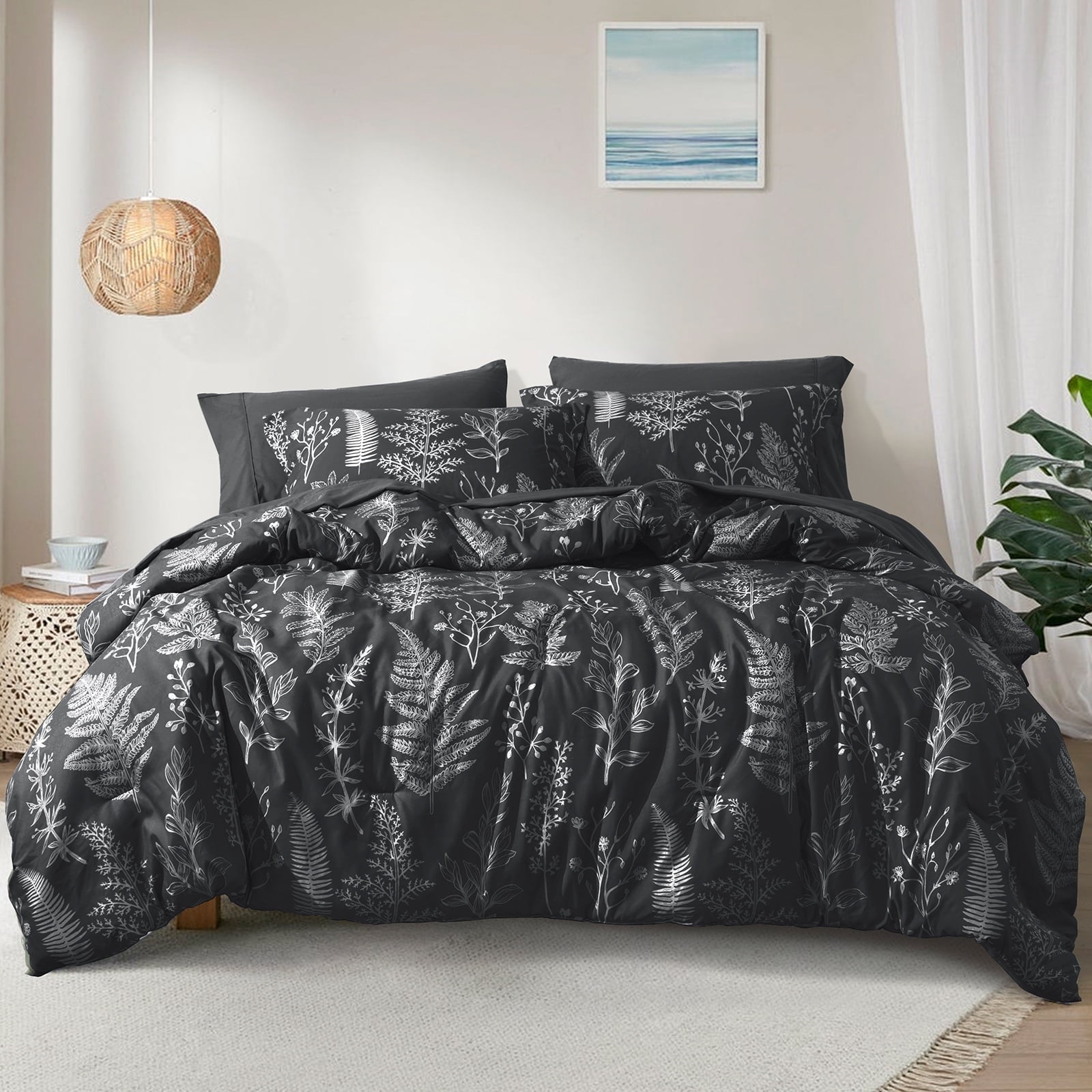 PHF 3 Pieces Printed Comforter Set Queen Size, Lightweight Botanical Floral Bed in a Bag, Ultra Soft Bedding Set with 1 Reversible Comforter and 2 Pillow Shams, Black