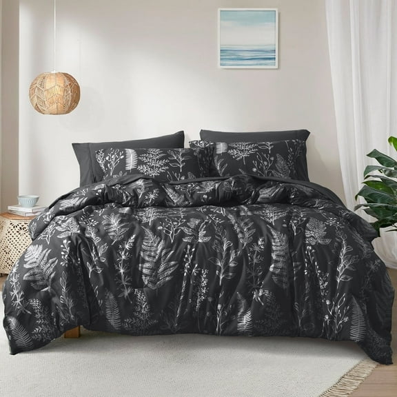 PHF 3 Pieces Printed Comforter Set Queen Size, Lightweight Botanical Floral Bed in a Bag, Ultra Soft Bedding Set with 1 Reversible Comforter and 2 Pillow Shams, Black