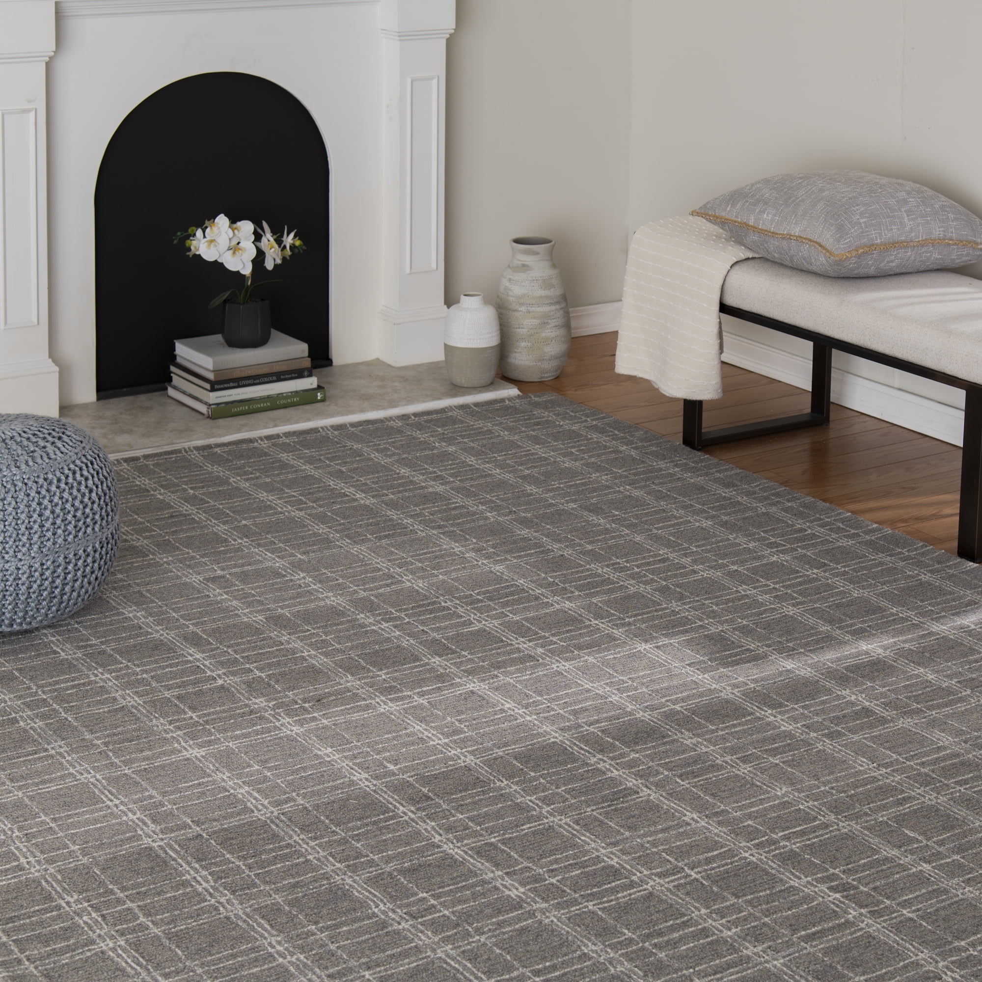 Better Homes & Gardens Grey Plaid Wool Indoor Area Rug, 7'10"x9'10"