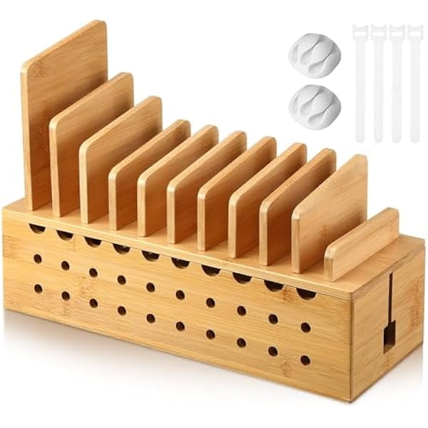 wonima44 Bamboo Charging Station for Multiple Devices Cable Management Box with 2 Cable Clips and 5 Ties Desktop Charging Stand for Tablets, Smartphones, 10 Devices(Primary Color)