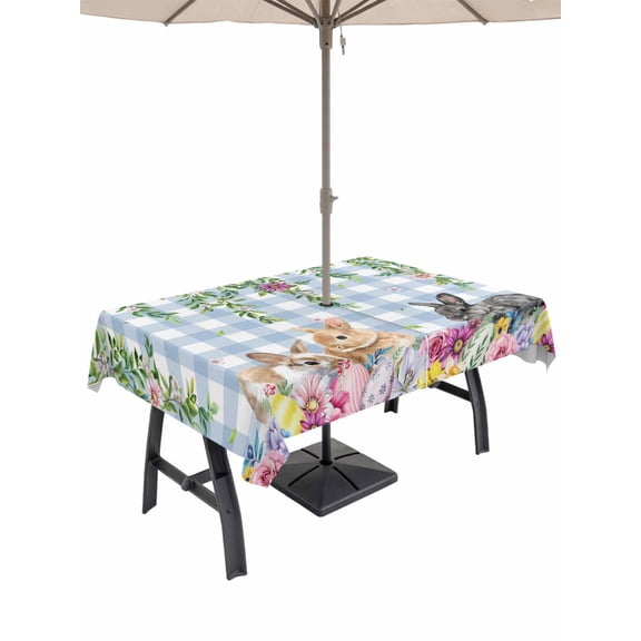 Easter Rabbits Outdoor Tablecloth - 60x120 Inch Rectangle Dining Table Cover, Spring Cute Bunny Eggs Flowers Leaf Blue Plaid Waterproof Outdoor Table Cloth with Umbrella Hole & Zipper for Patio