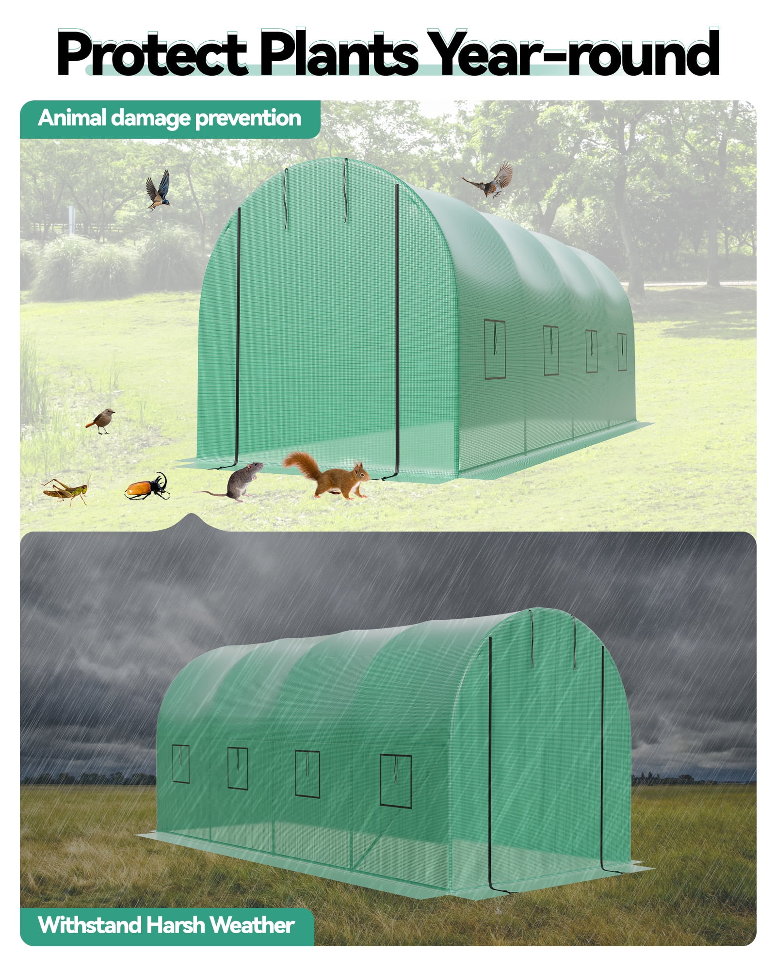 Accreate Walk-in Tunnel Greenhouse, 6.5 x 15 x 6.5 FT Large Outdoor Greenhouse with Door & Vent Windows, Heavy-Duty Frame and Green PE Cover for Backyard Gardening