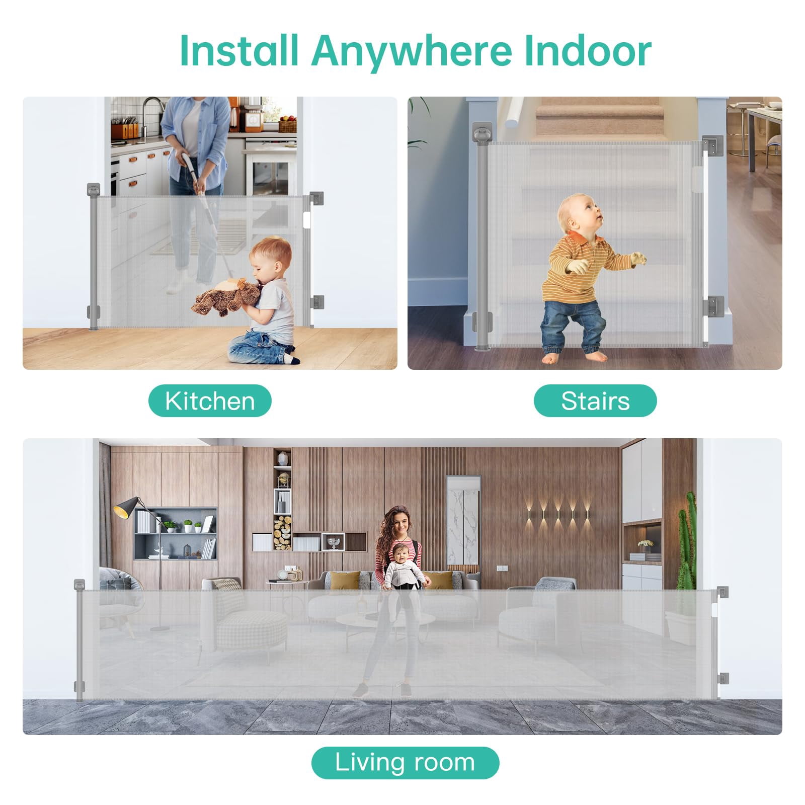 Sunnycome Retractable Baby Gate,Mesh Dog Gate,126" Wide Extends up to 33"Tall,Child Safety Gate for Doorways,Stairs,Hallways,Indoor Outdoor Gray