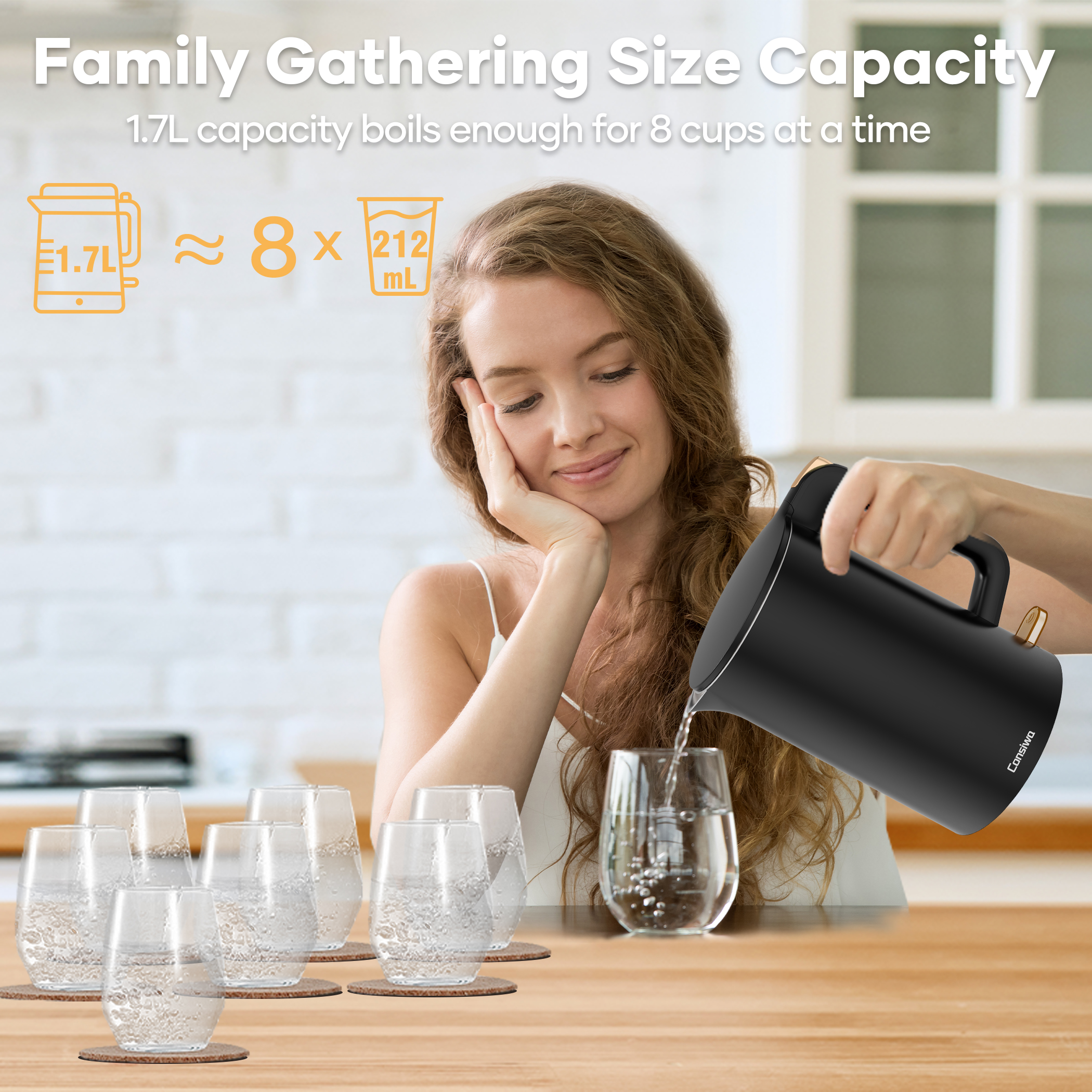 Consiwa Double Wall Electric Kettle, 1.7L, Black photo 6