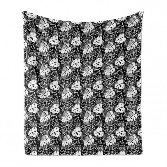 Tropical Soft Flannel Fleece Throw Blanket, Minimalist Toned Exotic Monstera Leaves Jungle Plants Rainforest Modern Design, Cozy Plush for Indoor and Outdoor Use, 70" x 90", Black White, by Ambesonne