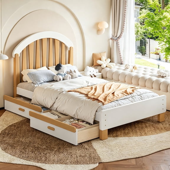 Bellemave Twin Size Wood Bed Frame with 2 Storage Drawers, Modern Platform Bed with Round Headboard and Sturdy Wooden Slats Support, No Box Spring Required(White & Natural)