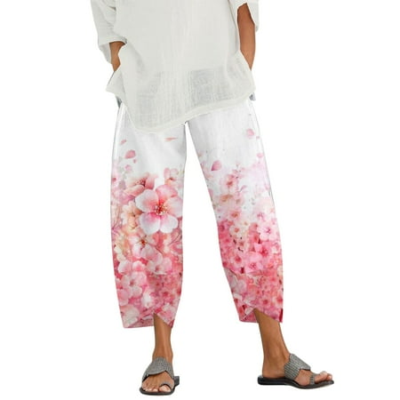 

HSMQHJWE Work Pants Plus Size Women S Pajamas Women Summer Elastic Pant Waist Casual Pants Flower Printed Pant Trouser Wide Leg Trouser With Pocket Plus Size Two Piece Crop Top Pants Set 3X