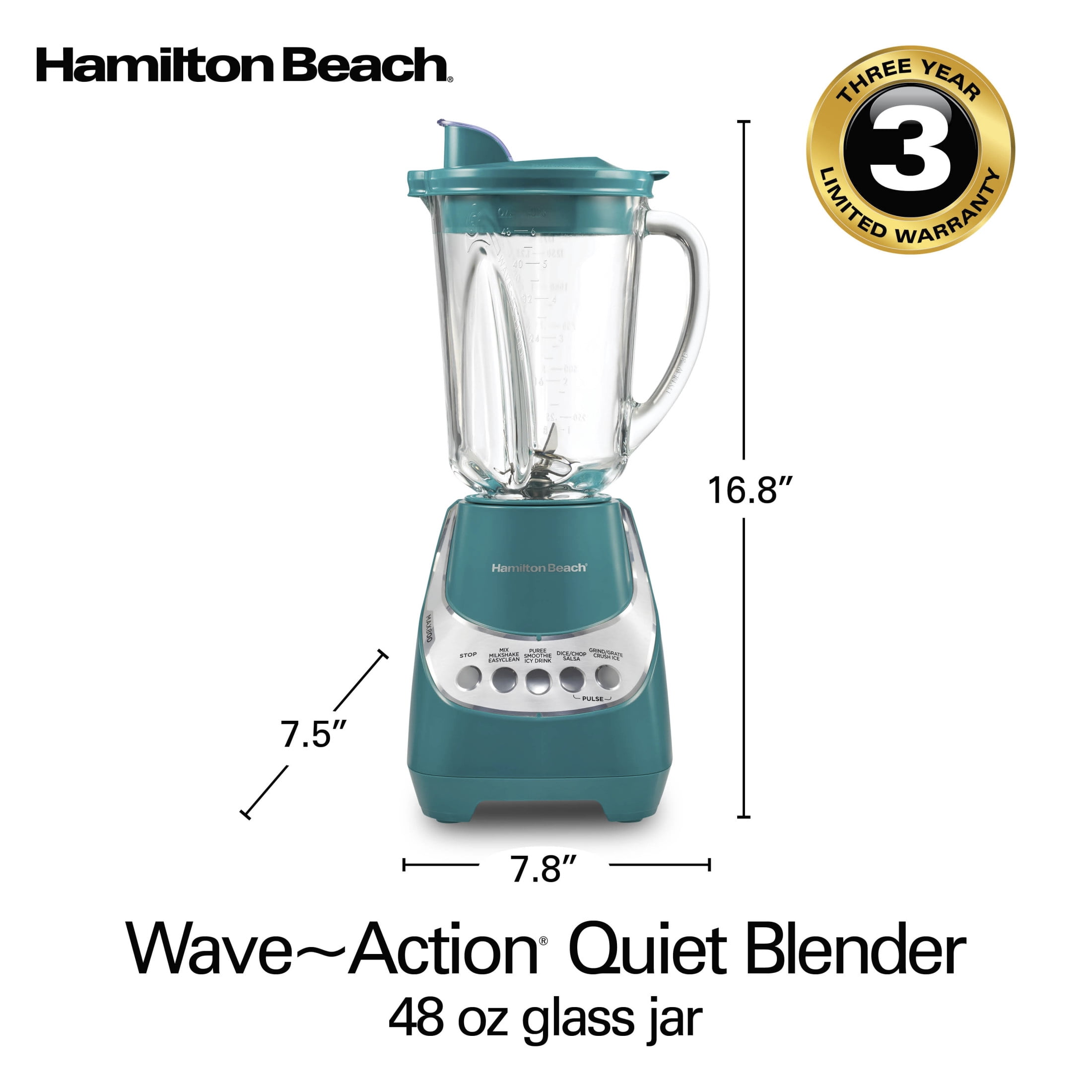 Hamilton Beach Quiet Blender, 48 oz Glass Jar, 12 Functions, Red