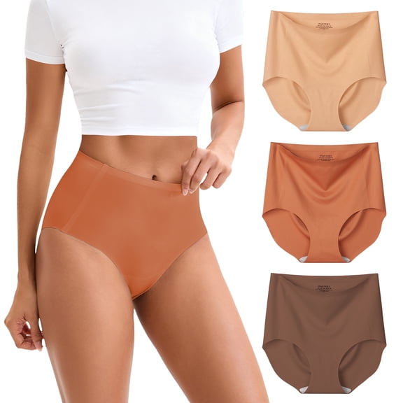 INNERSY Seamless High Waisted Underwear for Women No Show Stretch Panties Briefs 3 Pack(L,Brown)