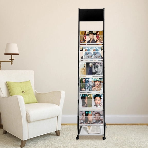 6-Tier Rolling Magazine Rack with Wheels – Metal Floor Stand Book Organizer for Office, Library, Lobby – Black, 110 lbs Capacity