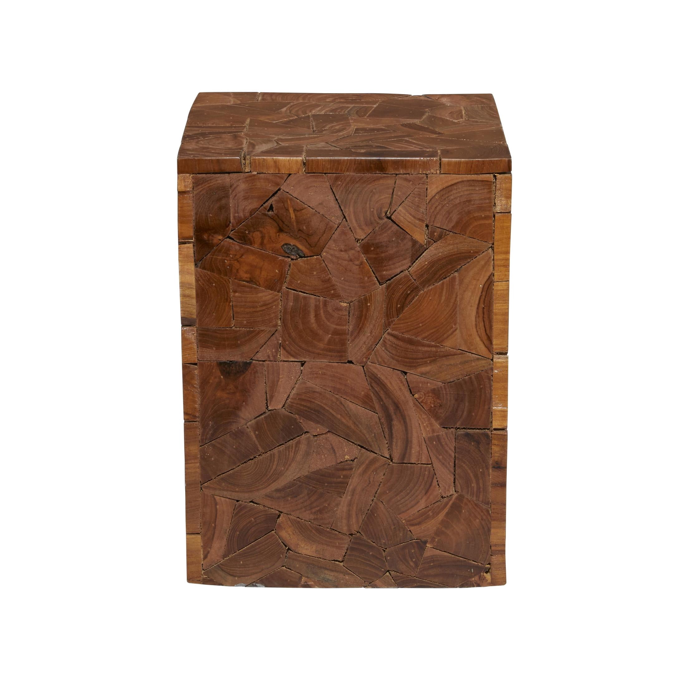 DecMode 12" x 16" Brown Teak Wood Handmade Square Block Accent Table with Mosaic Wood Chip Design, 1-Piece