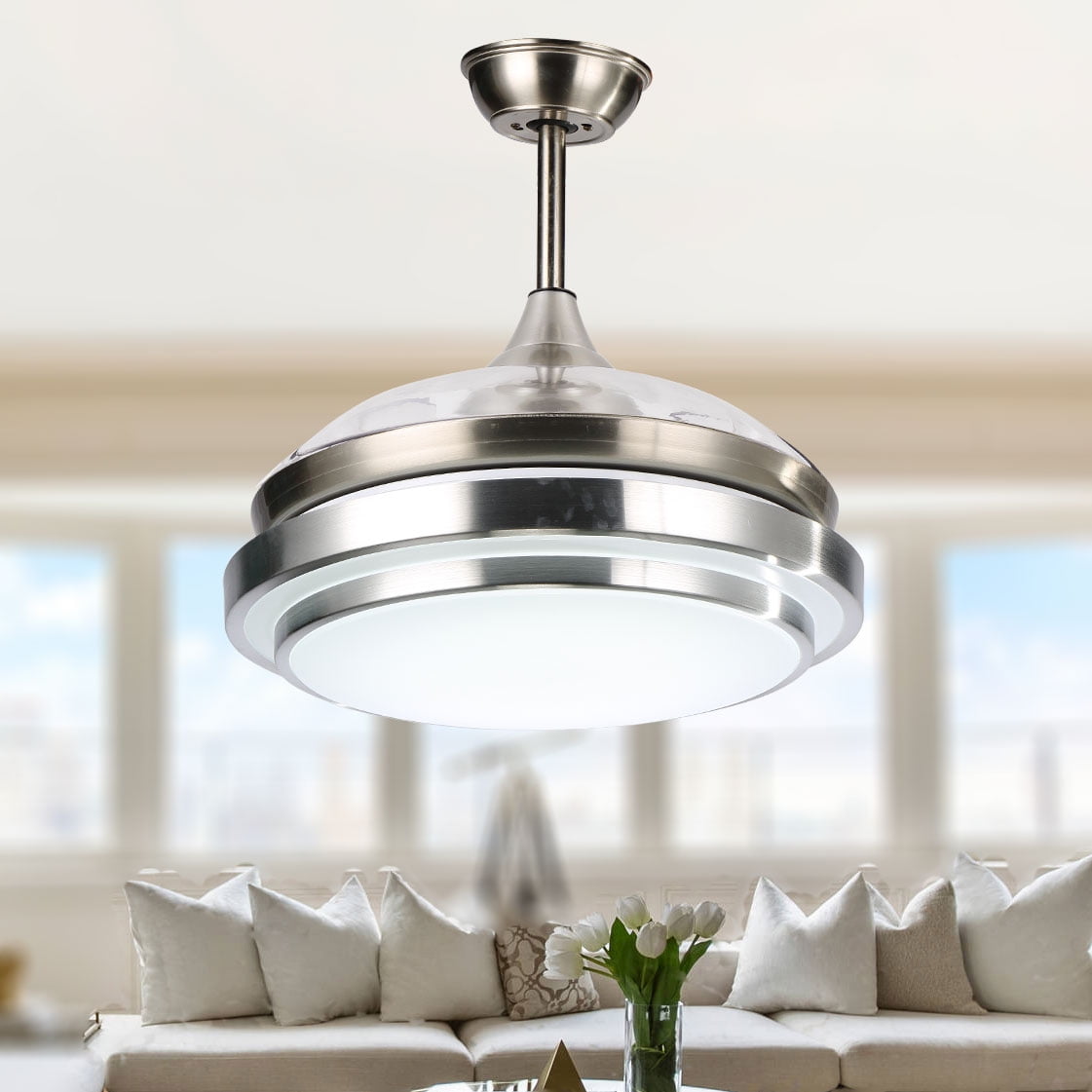 36'' LED Retractable Blades Ceiling Fan with Remote Control and Light Kit, 6-Speed Ceiling Fan with Reversile Blades