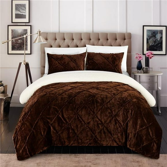 Chic Home CS5126-US Enzo Pinch Pleated Ruffled & Pin Tuck Sherpa Lined Bed in a Bag Comforter Set - Brown - Queen - 3 Piece