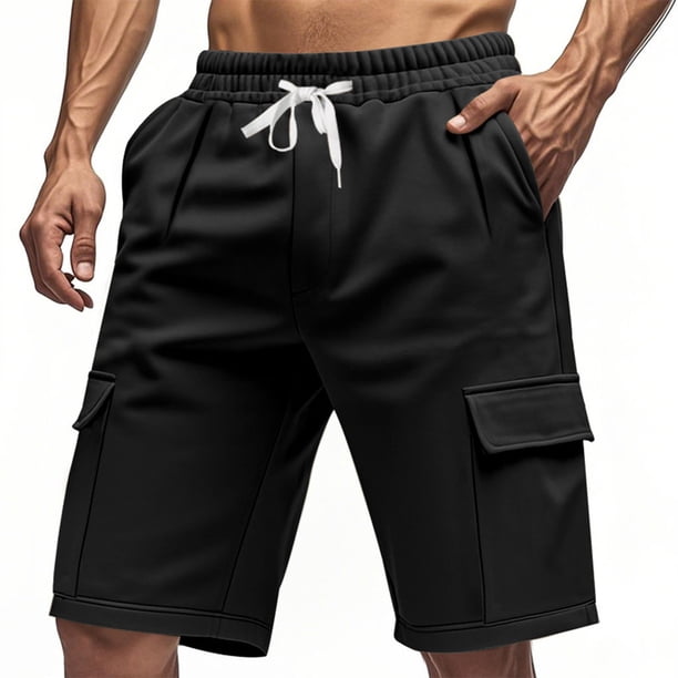 pstuiky Pantalones cortos de entrenamiento para hombre, Pantalones cortos de lino de verano para hombre, de color liso, con cintura elástica y bolsillo con cordón.