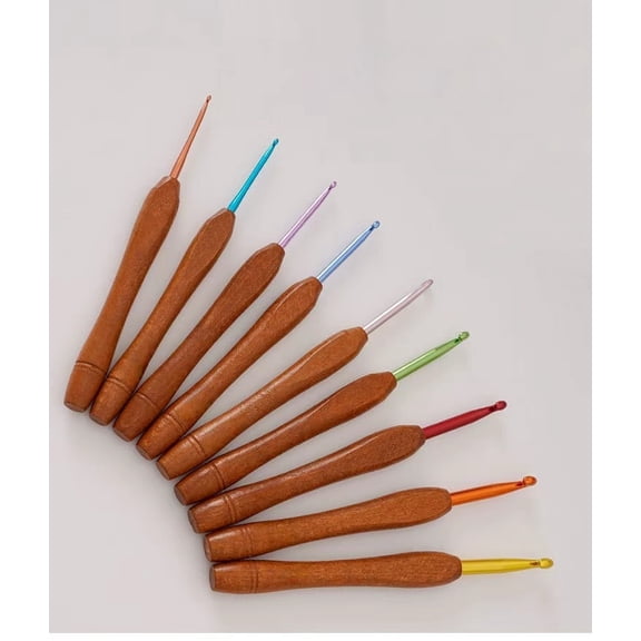 Vruelia Wooden Crochet Hook Set, 9 Piece Bamboo Set Multicolor Aluminum for Yarn 2-6mm